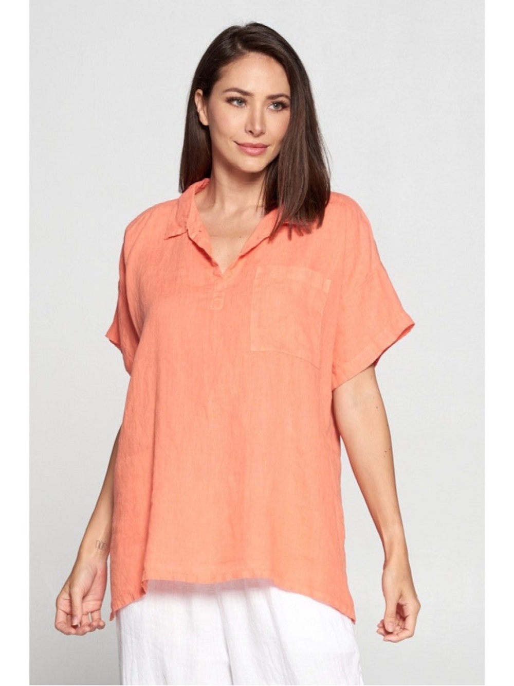 BECASA Coral Oversized Linen Polo Top Size Small